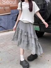 BXOXO Sweet Skirts Women Lace Patchwork Irregular Summer Fashion 2025 Solid Elegant Stretch High Waist Loose Long Skirt